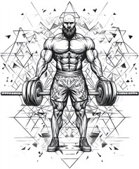 Sticker - A muscular man lifting a barbell, surrounded by geometric patterns.