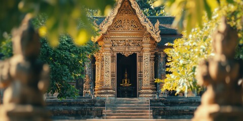 Wall Mural - Golden Temple Entrance with Buddha Statue in Thailand