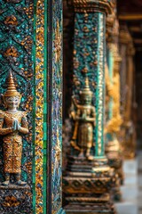 Wall Mural - Ornate Mosaic Detail of a Golden Buddha Statue in a Temple