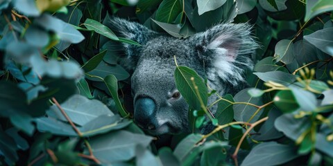 Poster - Koala ear covered in soft fur surrounded by lush green leaves