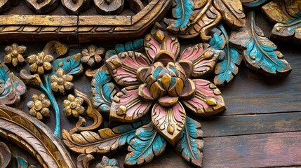 Wall Mural - Intricate Carved Wooden Floral Design on a Temple Wall