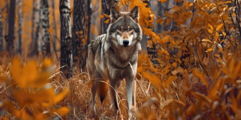 Wall Mural - Male wolf roaming through autumn forest