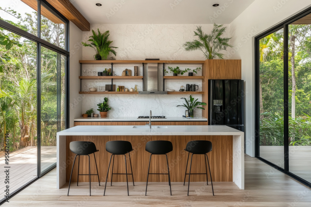 Minimalist modern kitchen with white marble countertop, wood cabinets ...