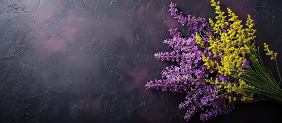 Wall Mural - Bouquet Of Yellow And Purple Small Flowers On A Dark Background Bouquet Of Statice Sea Lavender