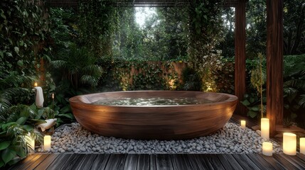 Wall Mural - Wooden Hot Tub with Candles in a Tropical Garden