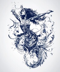 Poster - A stylized illustration of a mermaid surrounded by flowing water and intricate designs.