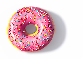 top view, donut with sprinkles pink glazed isolated over white background created with Generative AI technology