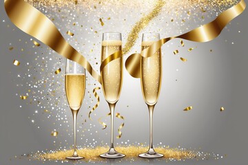 Celebration with champagne glasses on bokeh golden glitters background