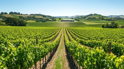 Vineyard Rows in Sunny Landscape