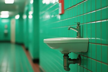 A clean, modern restroom sink against a vibrant green wall in a hallway, showcasing contemporary design and bright colors.