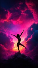 a silhouette of a dancer leaps against a vibrant sunset, embodying freedom and joy amidst a spectacu