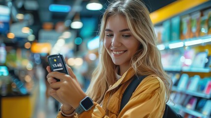 Wall Mural - Tech-Savvy Shopper: Woman Smiling with Joy as She Selects a New Smart Watch in Store - Technology and People Concept