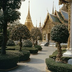 Poster - Traditional Thai Temple Garden with Ornate Architecture and Lush Greenery