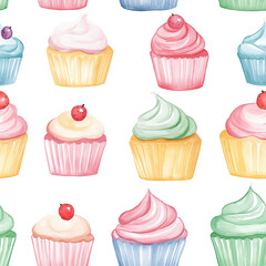 Watercolor design seamless pattern with cupcakes with frosting. White background