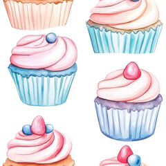 Watercolor design seamless pattern with cupcakes with frosting. White background