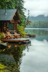 Canvas Print - Secluded Log Cabin on Tranquil Lake with Mountain View