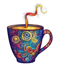 Wall Mural - A colorful, artistic cup of steaming beverage with intricate designs.