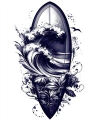 Poster - A stylized surfboard design featuring waves and tropical elements.