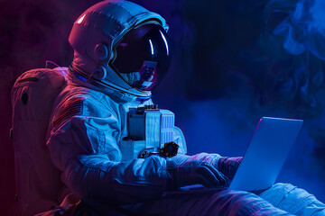 Wall Mural - A man in a space suit is standing in front of a blue background,