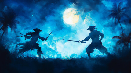 A ghostly pirate duel unfolds under full moon, with two figures clashing swords amidst misty backdrop of palm trees.