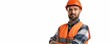 © srenhouse - Engineer wearing an orange safety vest and helmet on white background