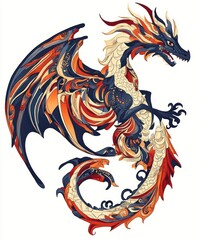 Canvas Print - A colorful and stylized dragon illustration with intricate designs and vibrant colors.