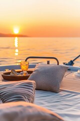 Poster - Romantic Sunset on Yacht Deck with Pillows and Glass of Wine