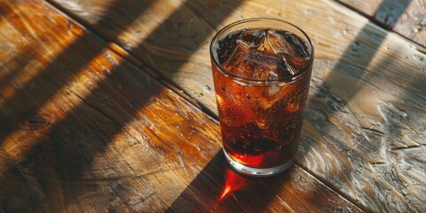 Glass of Cola with Ice on Vintage Wooden Surface