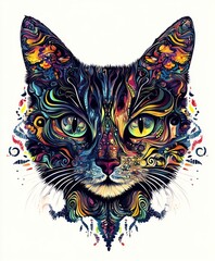 Canvas Print - A colorful, abstract illustration of a cat's face with intricate patterns and vibrant hues.