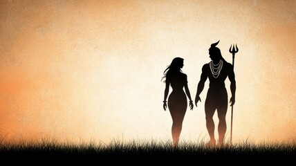 Wall Mural - A man and woman are walking together in a field