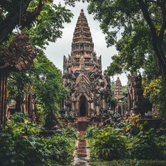 Poster - Stone Pagoda Temple Entrance with Lush Foliage