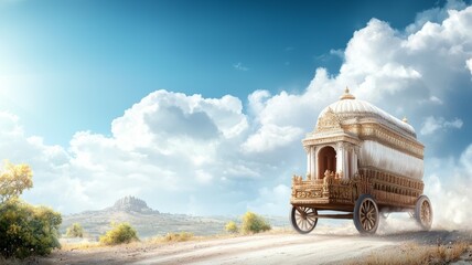 A large wagon is driving down a dirt road