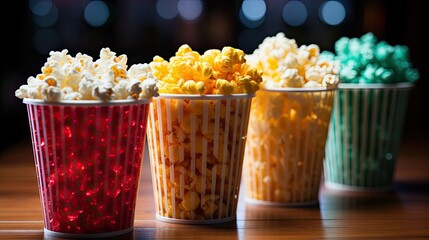 Wall Mural - Paper cups with colorful popcorn on wooden background 