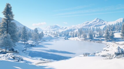 Poster - Snowy Mountain Landscape with Frozen Lake