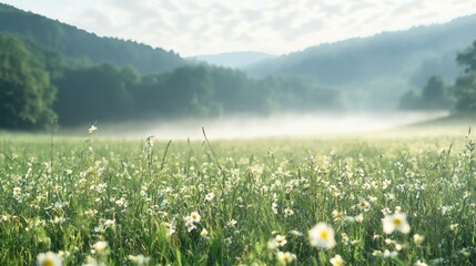 Poster - White Flowers in a Foggy Meadow with Mountains in the Background