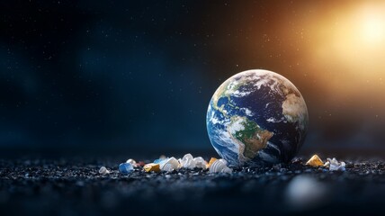 Wall Mural - a small planet is sitting on a pile of trash