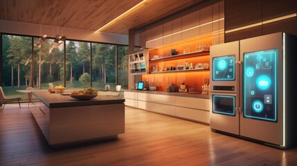 Wall Mural - Modern Kitchen with Smart Refrigerator and Forest View