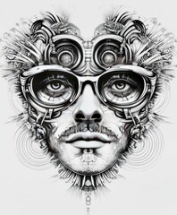 Wall Mural - A stylized portrait combining human features with mechanical elements and intricate designs.