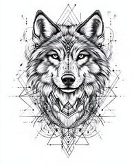 Wall Mural - A detailed black and white illustration of a wolf's head with geometric patterns.