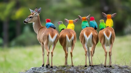 Poster - Nature, deer turning to look at colorful birds on their backs, biodiversity, magazine-style photography, local features, deer, animal, wildlife, nature, mammal, wild, doe, brown, grass, young, fawn, 