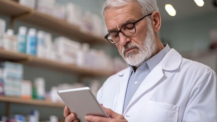 Wall Mural - A man in a white lab coat is looking at a tablet