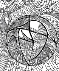 Canvas Print - A black and white abstract design featuring a basketball surrounded by intricate patterns.