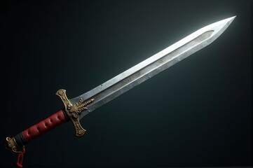 A sword with a red handle and a silver blade