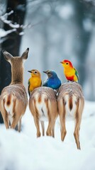 Poster - Nature, deer turning to look at colorful birds on their backs, biodiversity, magazine-style photography, local features, deer, animal, wildlife, nature, mammal, wild, doe, brown, grass, young, fawn, 