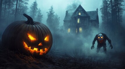 a dark night in a foggy forest with a haunted house in the background, as a pumpkin zombie with glow