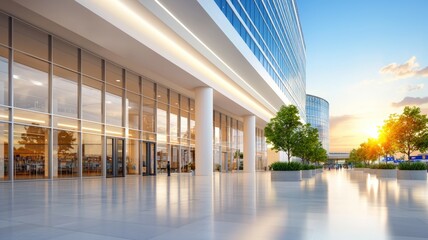 Poster - A large glass building with a lot of windows and a large tree in front