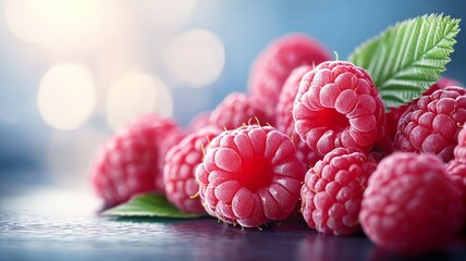 A bunch of red raspberries with green leaves on top