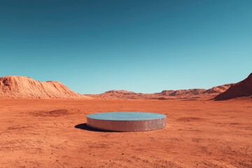 Wall Mural - An isolated podium in the middle of Mars' red desert, with a clear blue sky, offering ample copy space for product features and highlights