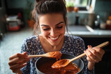 Joyful young woman in a contemporary kitchen, tasting a sauce with a wooden spoon, smiling with satisfaction as she enjoys cooking a homemade meal