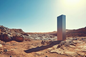 Wall Mural - A sleek, minimalist podium standing on Mars, with rugged terrain and a bright blue sky, offering a unique setting for product displays